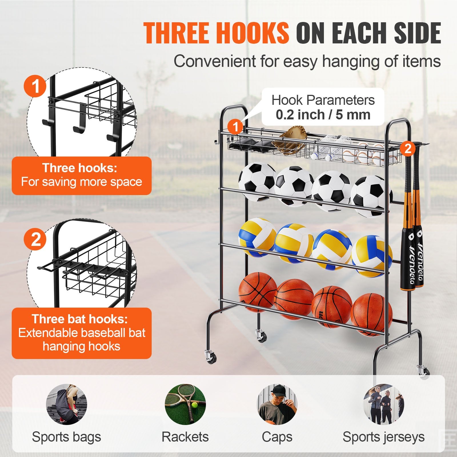 Basketball Rack, 4-Layers Rolling Basketball Shooting Training Stand, Sports Equipment Storage Organizer With Wheels, Hooks And Baskets, Garage Ball Storage Holder For Football Soccer Volleyball