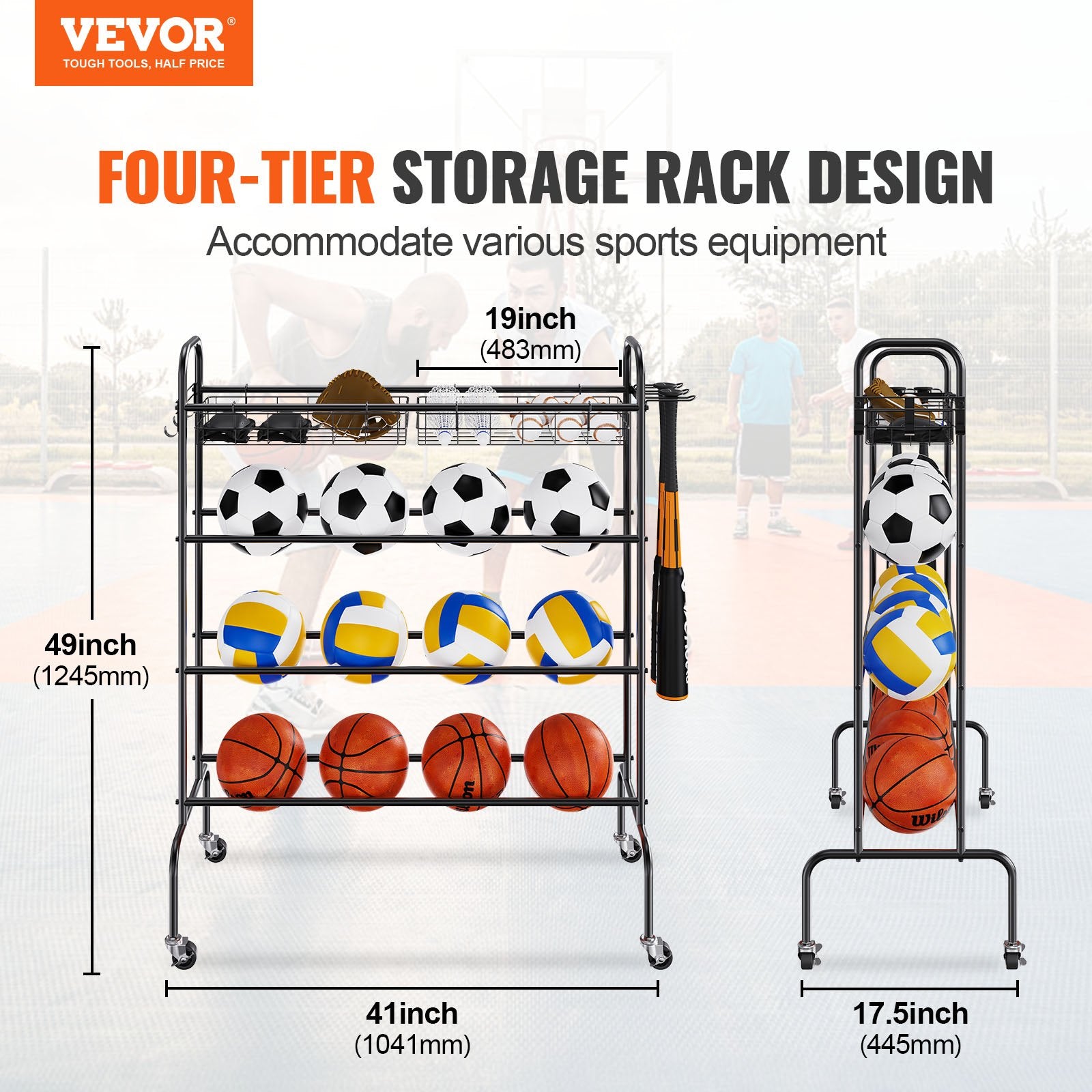Basketball Rack, 4-Layers Rolling Basketball Shooting Training Stand, Sports Equipment Storage Organizer With Wheels, Hooks And Baskets, Garage Ball Storage Holder For Football Soccer Volleyball