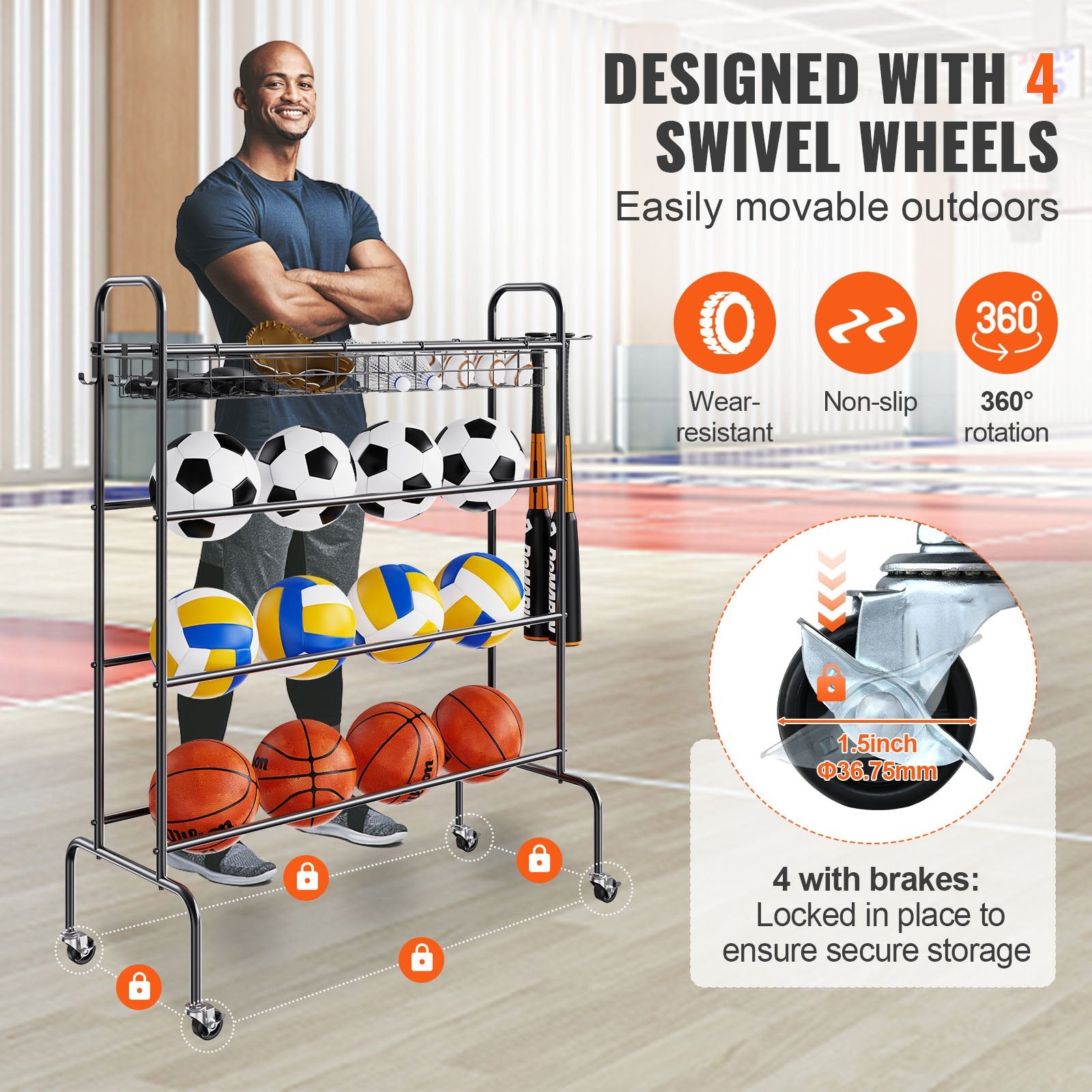 Basketball Rack, 4-Layers Rolling Basketball Shooting Training Stand, Sports Equipment Storage Organizer With Wheels, Hooks And Baskets, Garage Ball Storage Holder For Football Soccer Volleyball